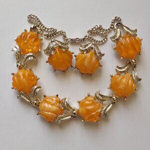 Vintage Germany Orange Lucite Shell Motif Necklace and Clip-on Earring Set